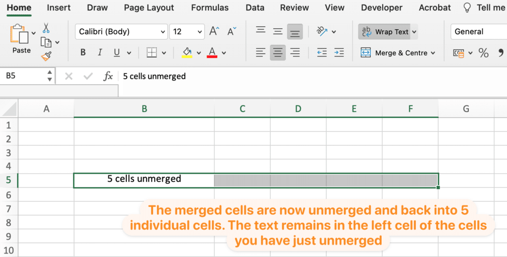 Unmerged cells in excel