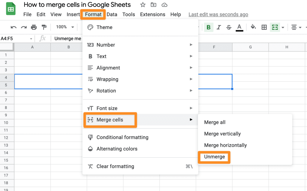 unmerge cells in google sheets