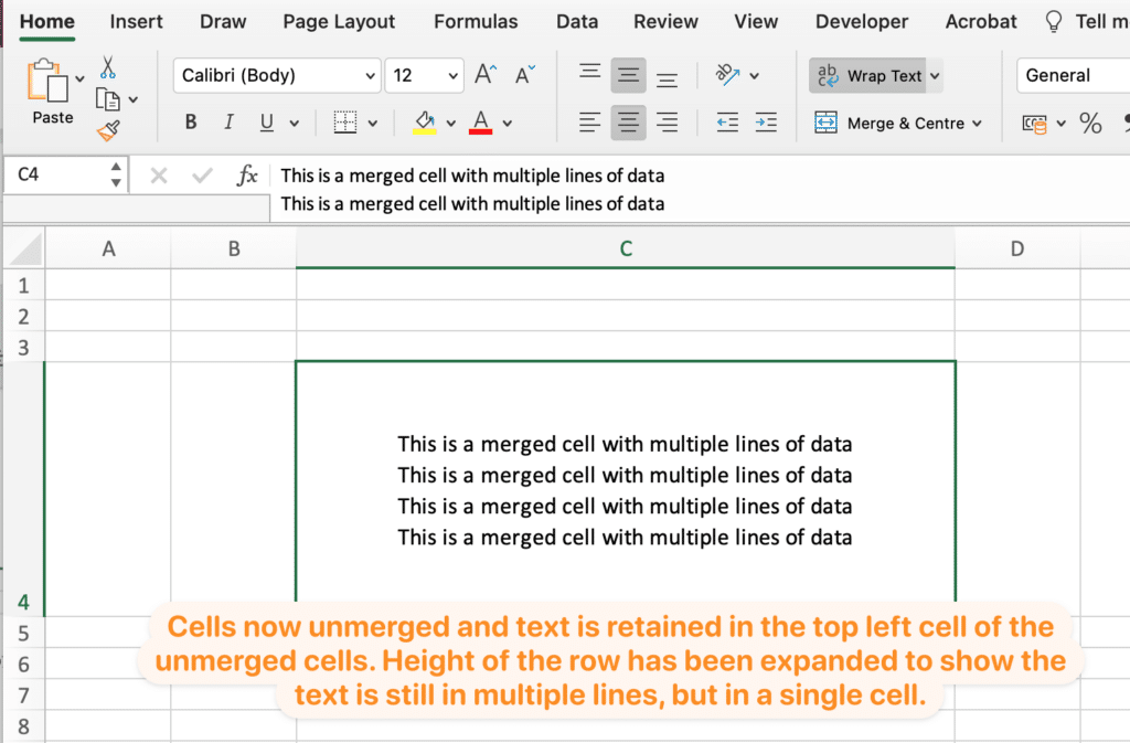Unmerged cells - text retained
