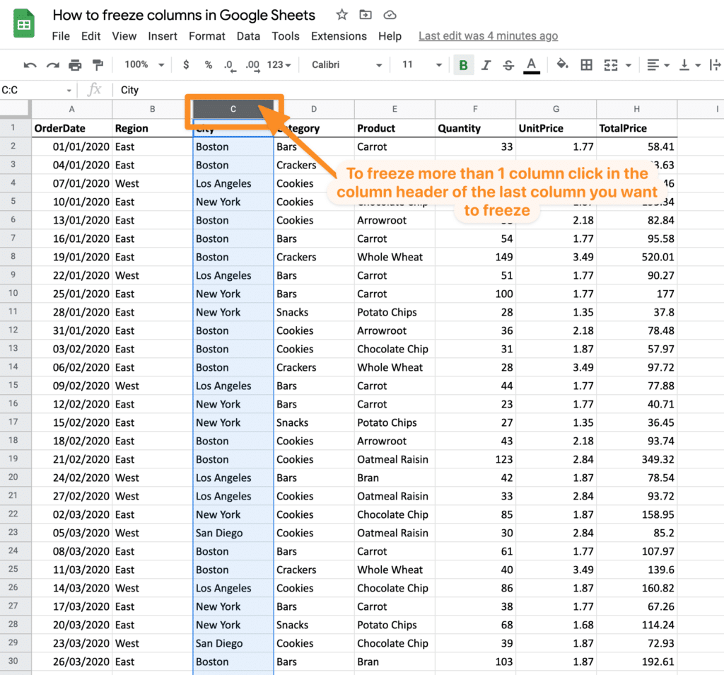 Click column header of last column to freeze