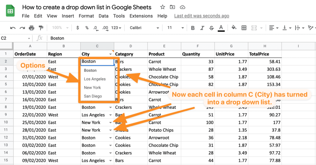 how to insert drop down list in google sheets