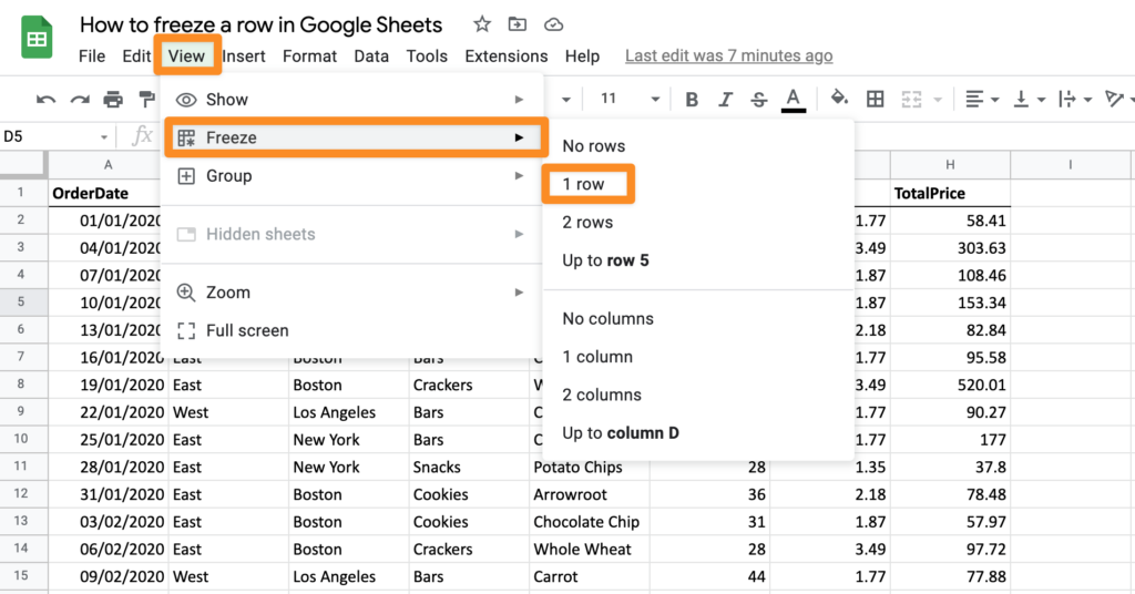 Freeze 1 row via menu options