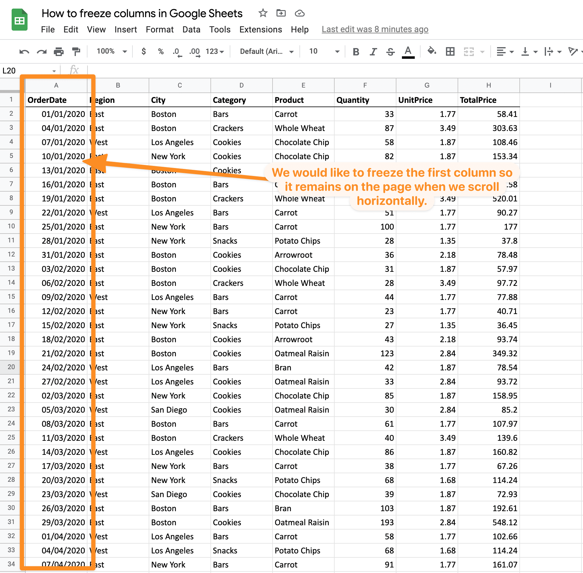 How to freeze columns in Google Sheets