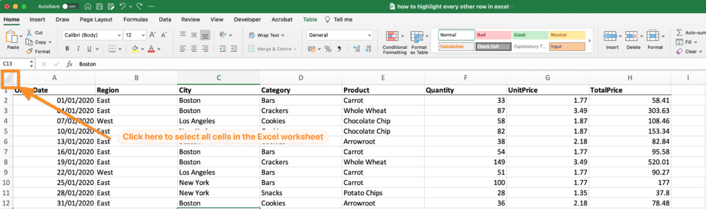 select all cells in the worksheet
