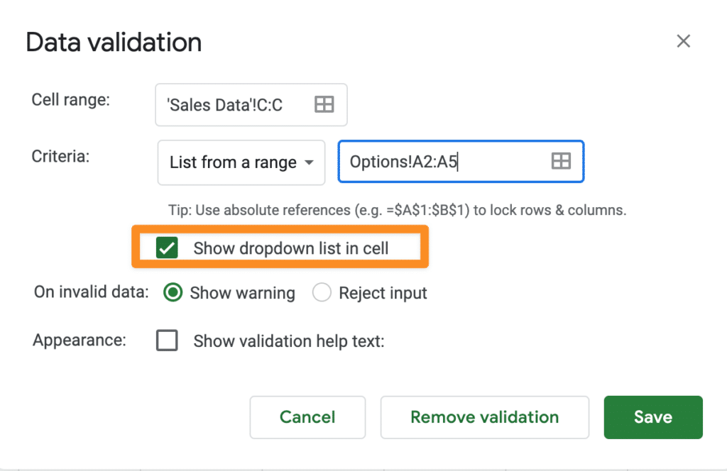 Show drop down option in cell