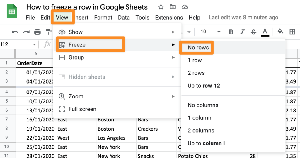 Unfreeze rows in Google Sheets