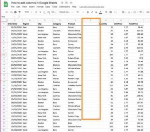How to add columns in Google Sheets