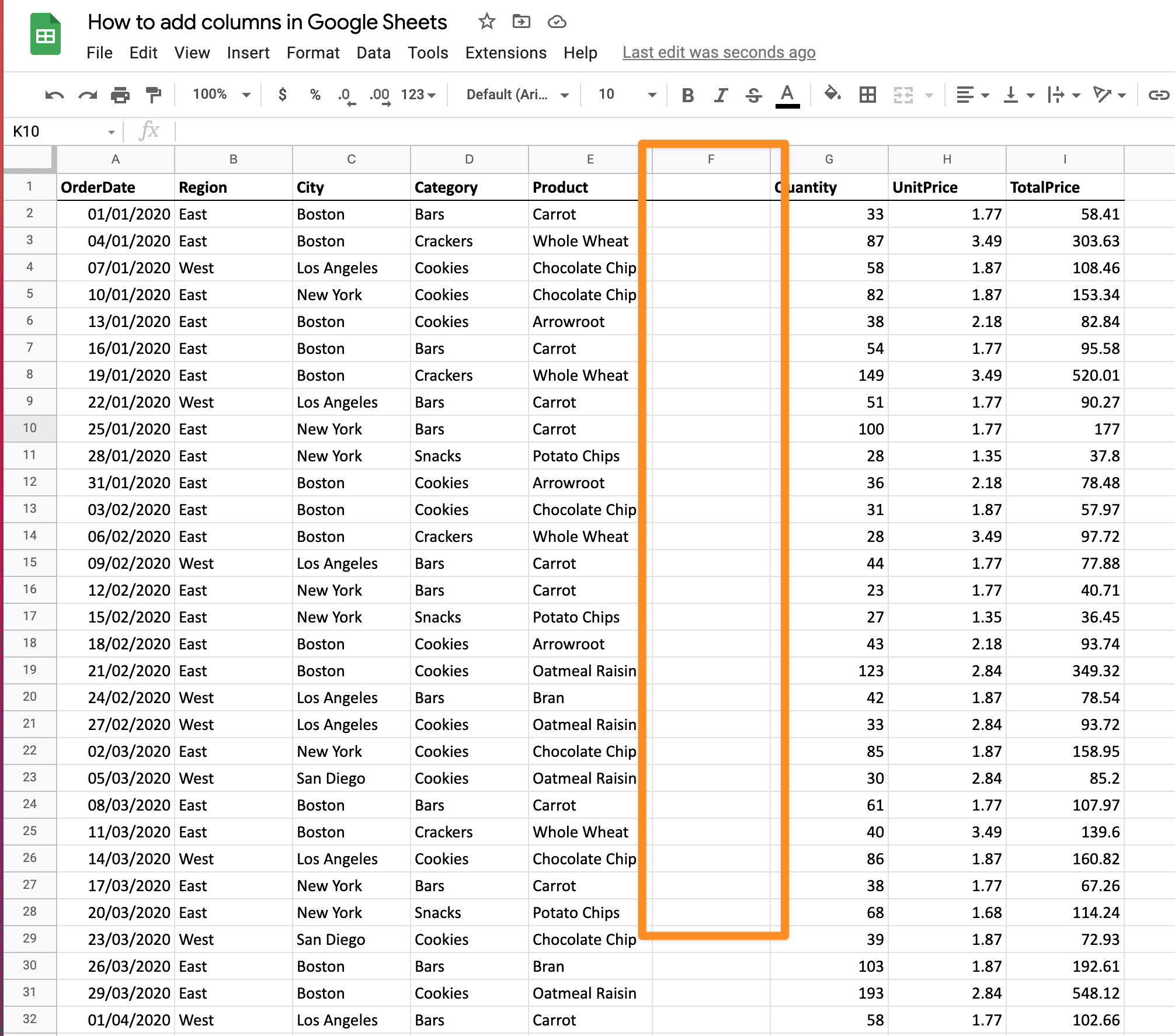 How to add columns in Google Sheets