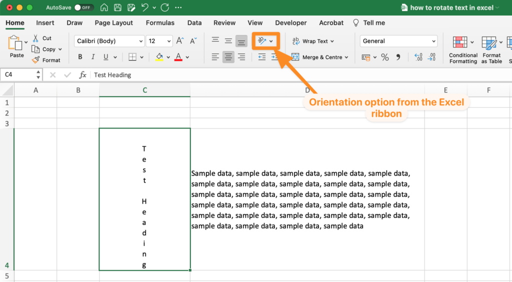 Orientation option on the Excel ribbon
