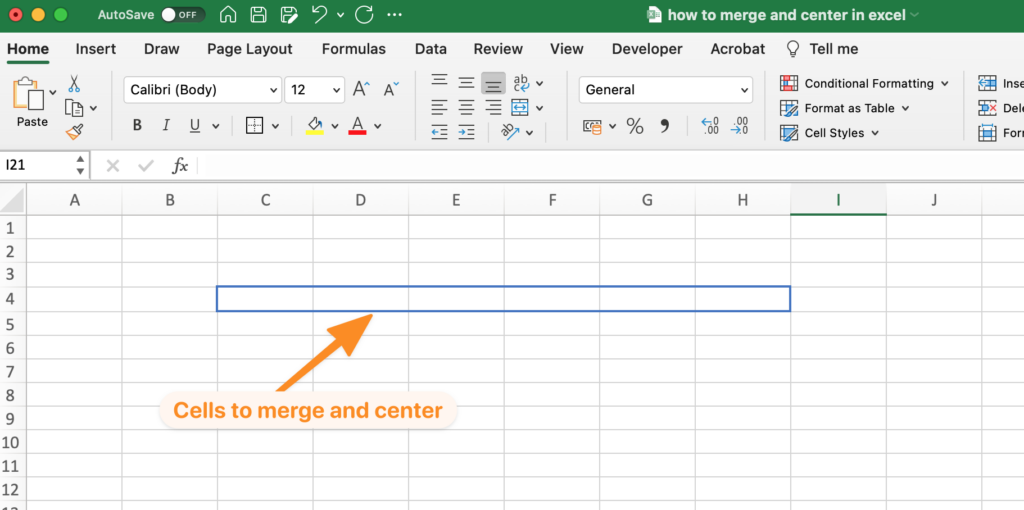 Select cells to merge and center