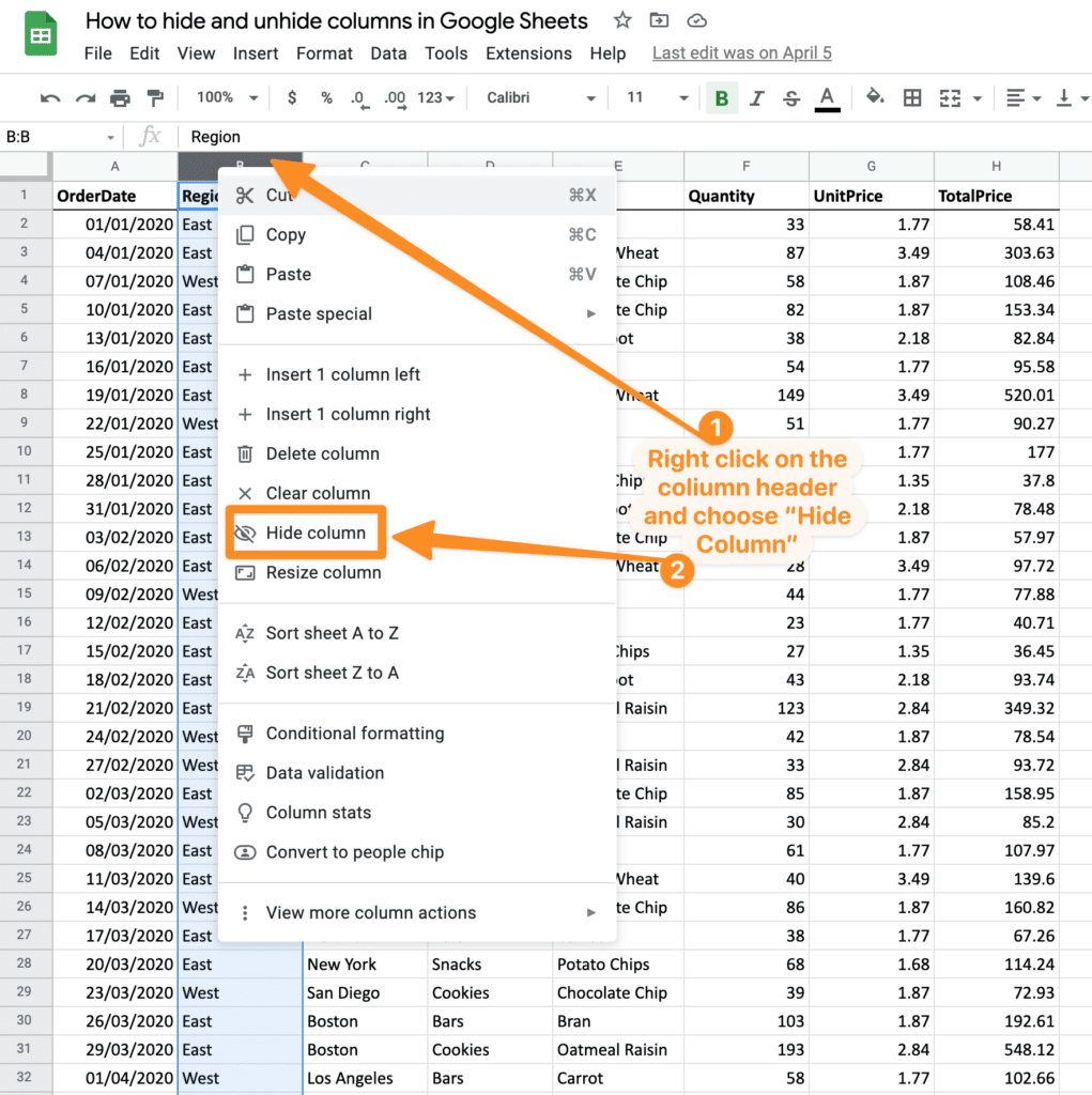 How to hide and unhide columns in Google Sheets