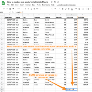 How to total or sum a column in Google Sheets