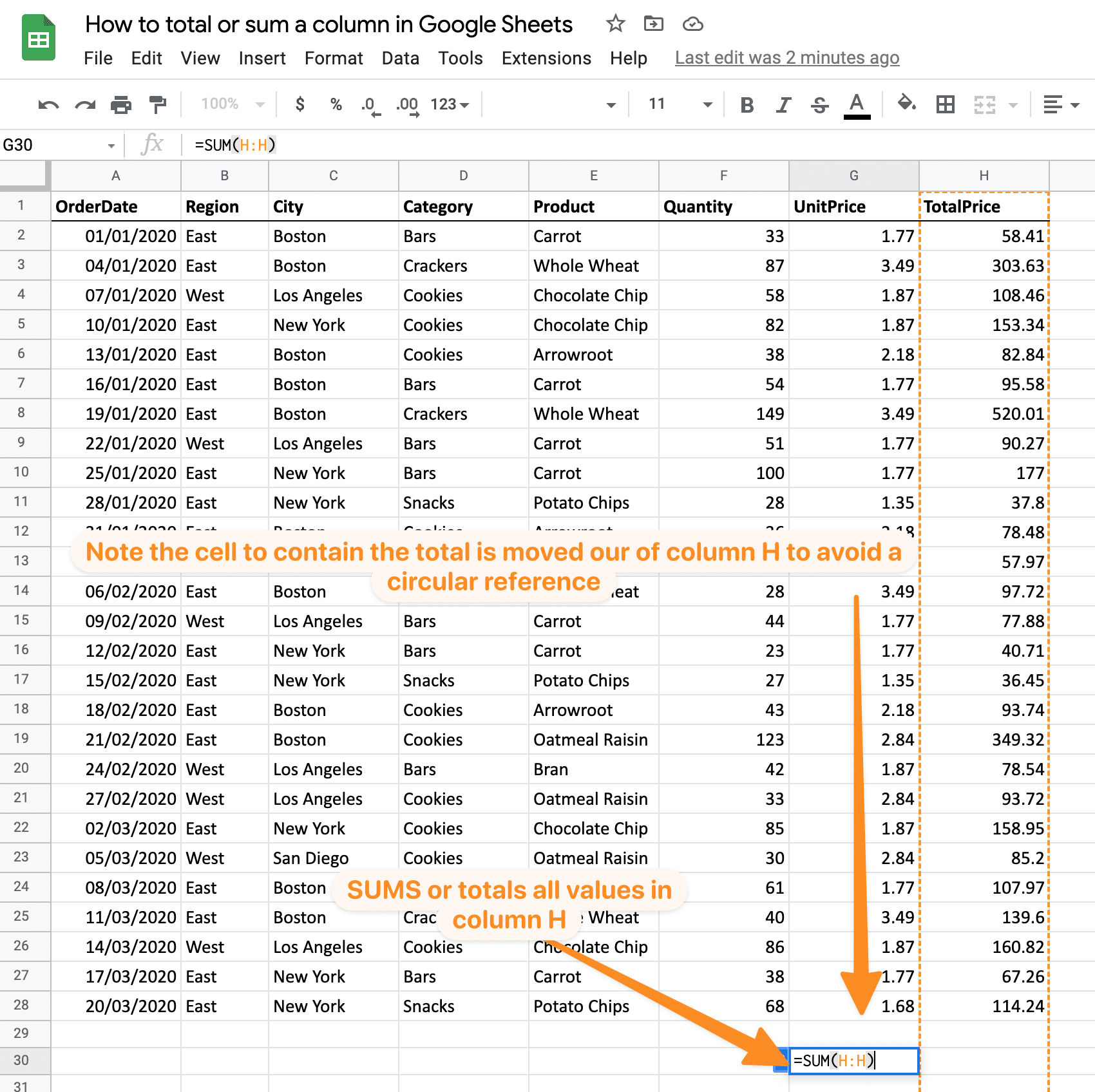How to total or sum a column in Google Sheets
