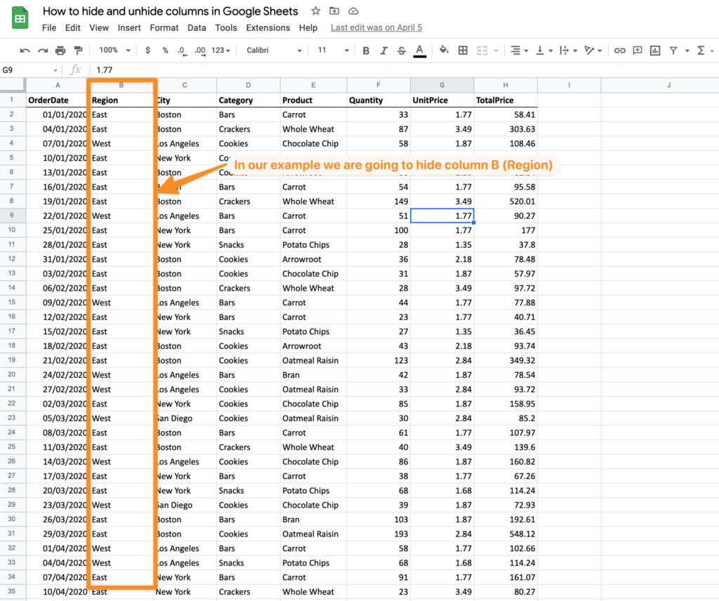 How to hide and unhide columns in Google Sheets