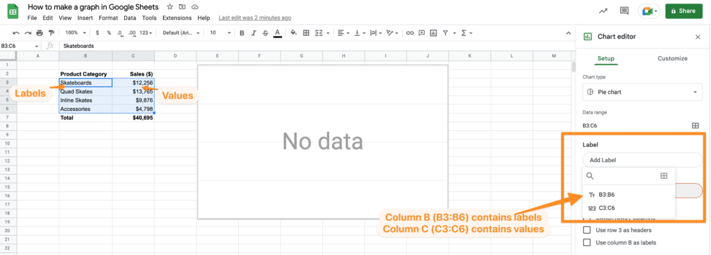 Manually let Google Sheets know which column contains labels and vales